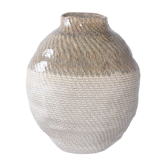 Rustieke Keramische Vaas met Gevlochten Textuur - Tweekleurig Beige en Crème - Handgemaakte Look